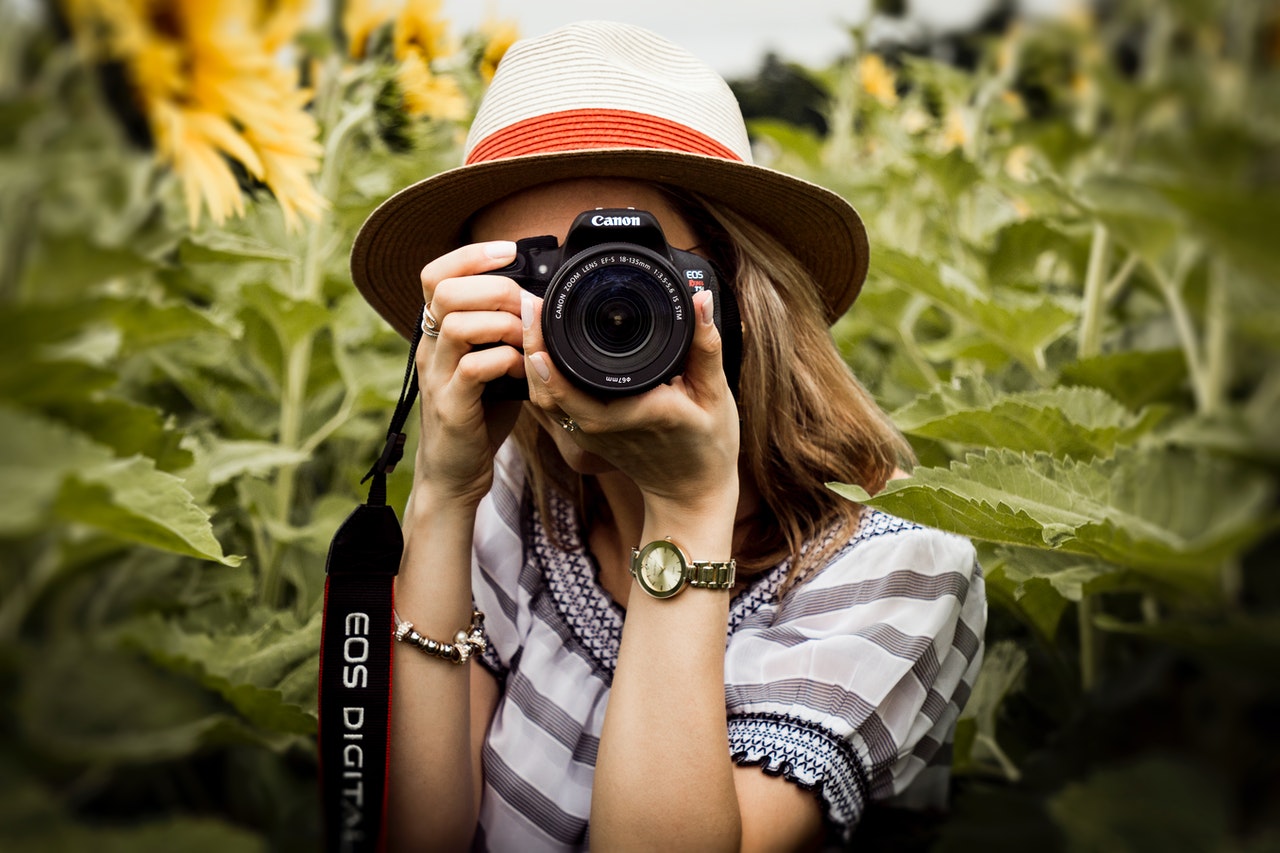  Person standing in a sunflower field taking a picture of the viewer.